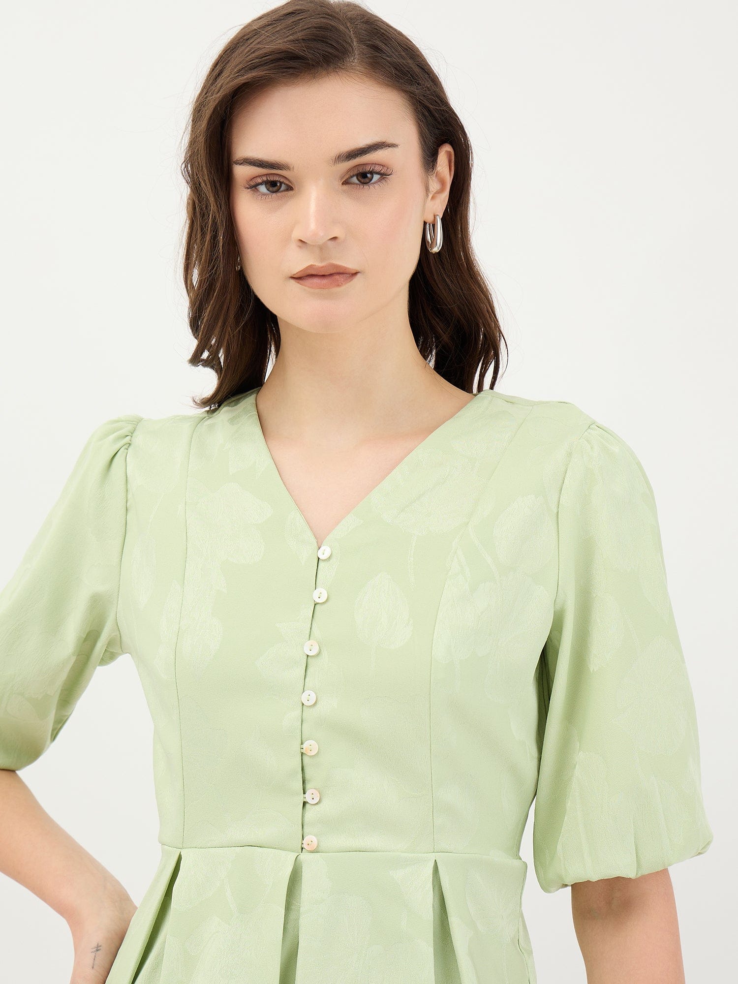 Elle Women Green Jacquard Collar Top - Image 4