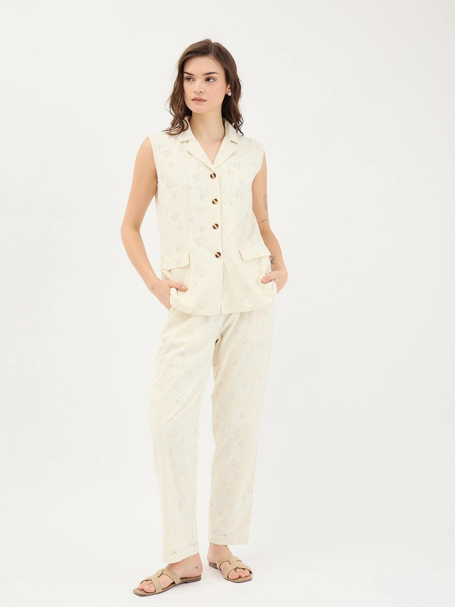 Elle Women White Schiffli Notch Collar Top - Image 2