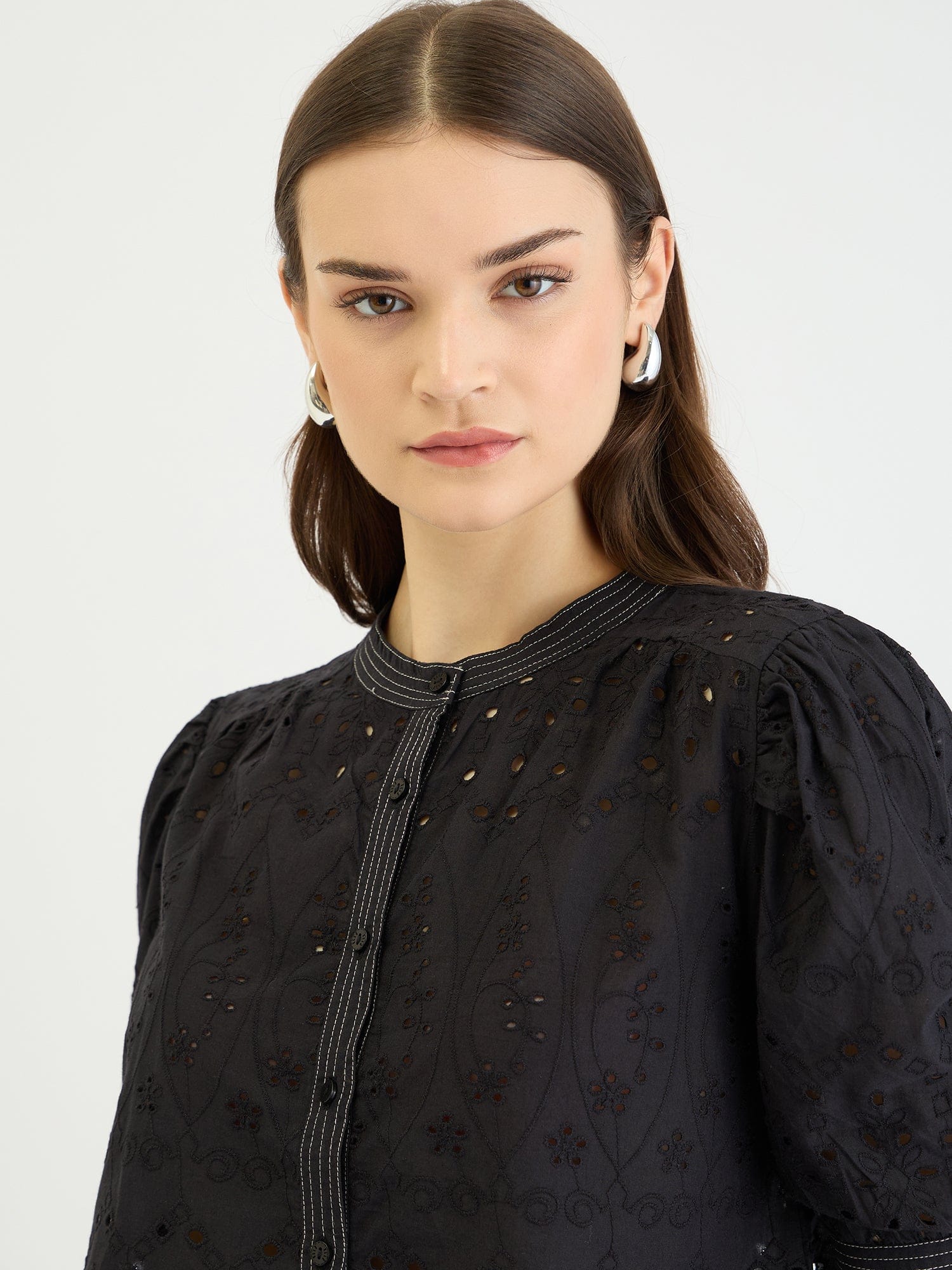 Elle Women Black Schiffli Round Neck Top - Image 4