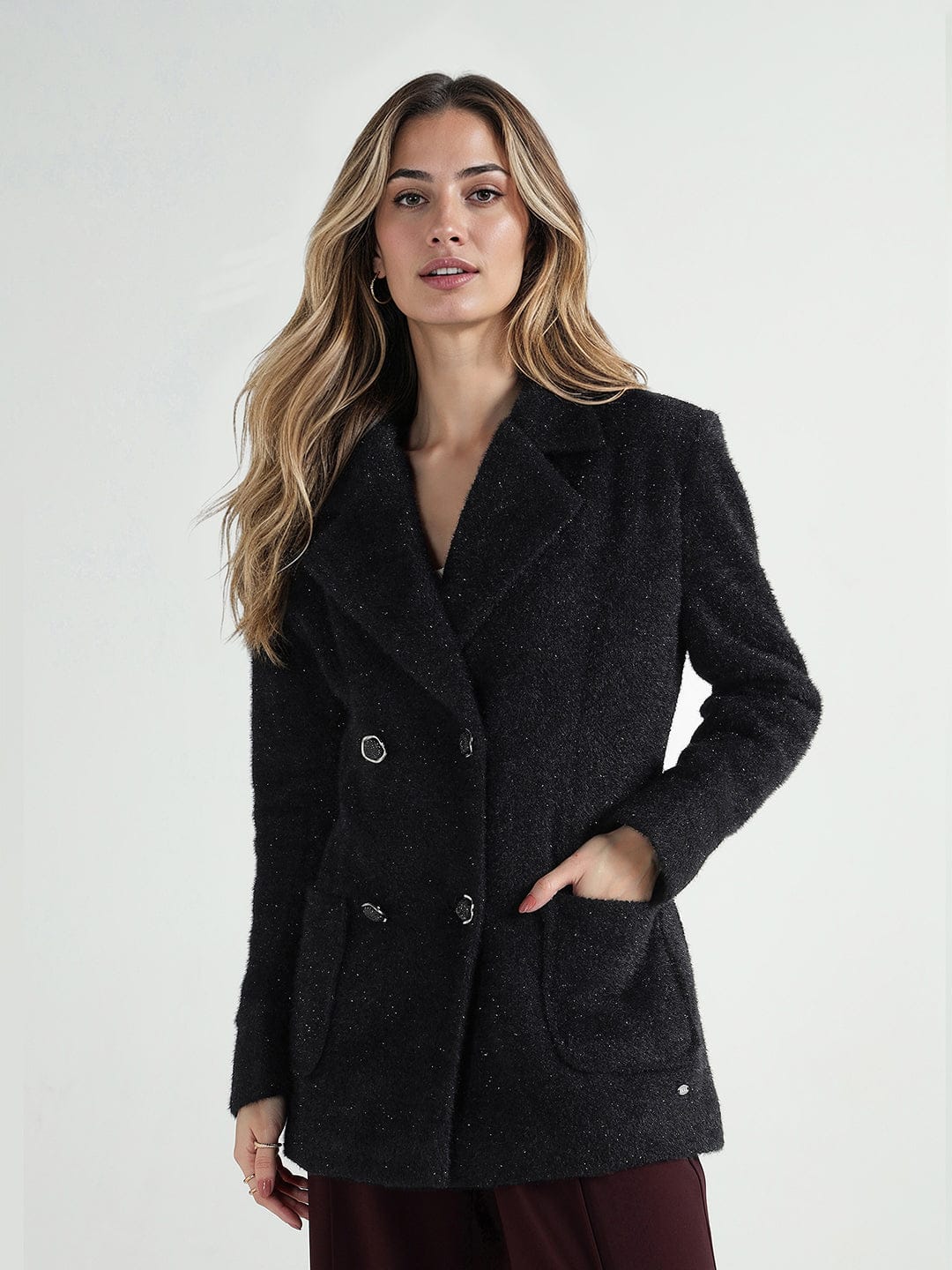 Elle Women Black Solid Lapel Collar Overcoat