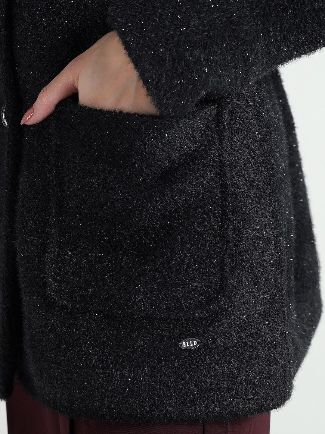Elle Women Black Solid Lapel Collar Overcoat - Image 6