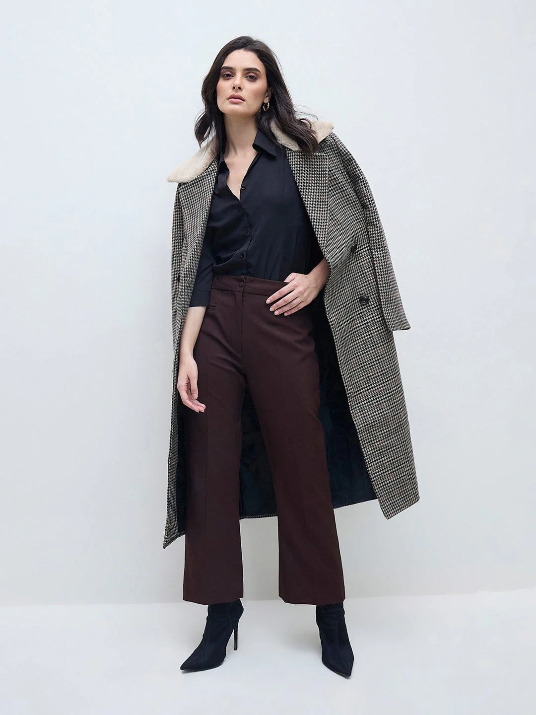 ELLE Women Black Checks Overcoat - Image 6