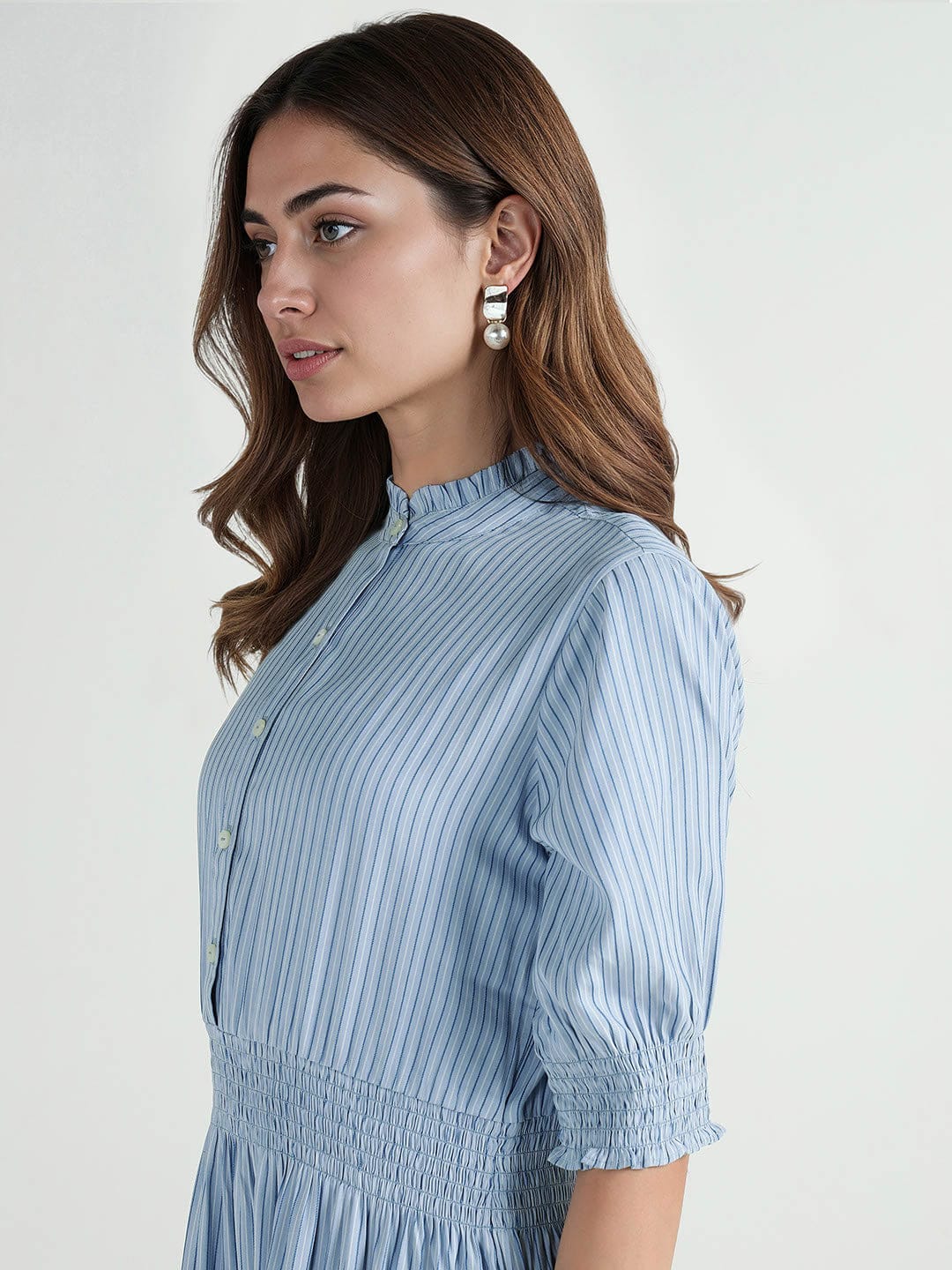 Elle Women Multi Striped Band Collar Dress - Image 5