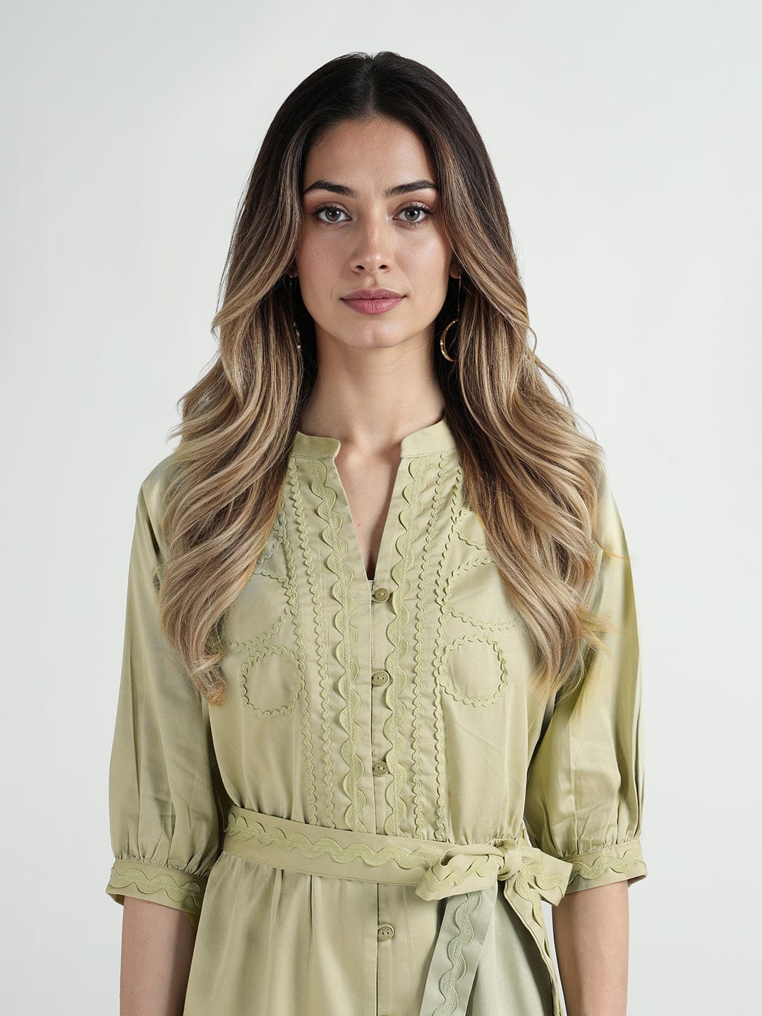 Elle Women Green Plain Band Collar Dress - Image 5