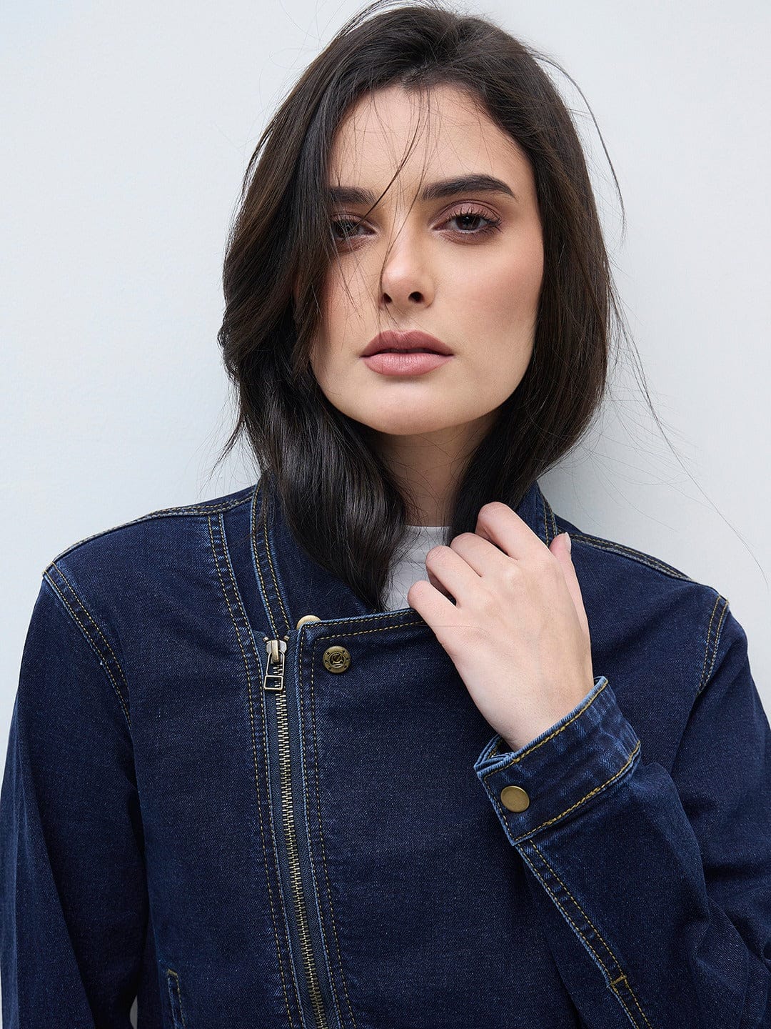 ELLE Women Navy Blue Solid Band Neck Denim Jacket - Image 3
