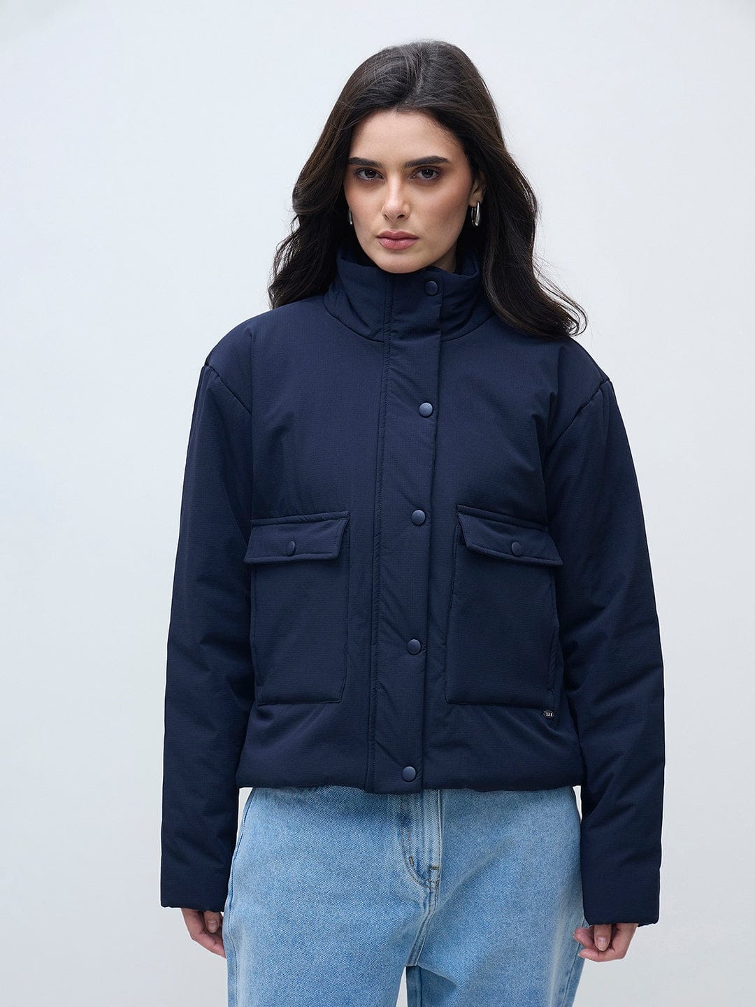 ELLE Women Navy Blue Solid Band Neck Jacket - Image 2