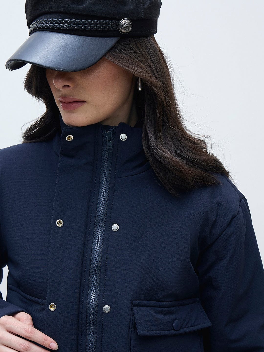 ELLE Women Navy Blue Solid Band Neck Jacket - Image 4