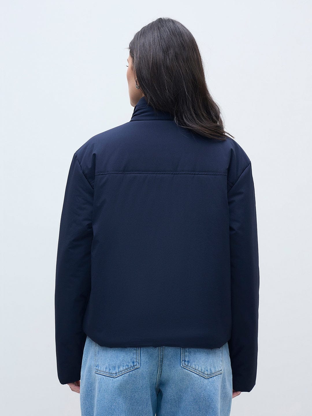 ELLE Women Navy Blue Solid Band Neck Jacket - Image 5