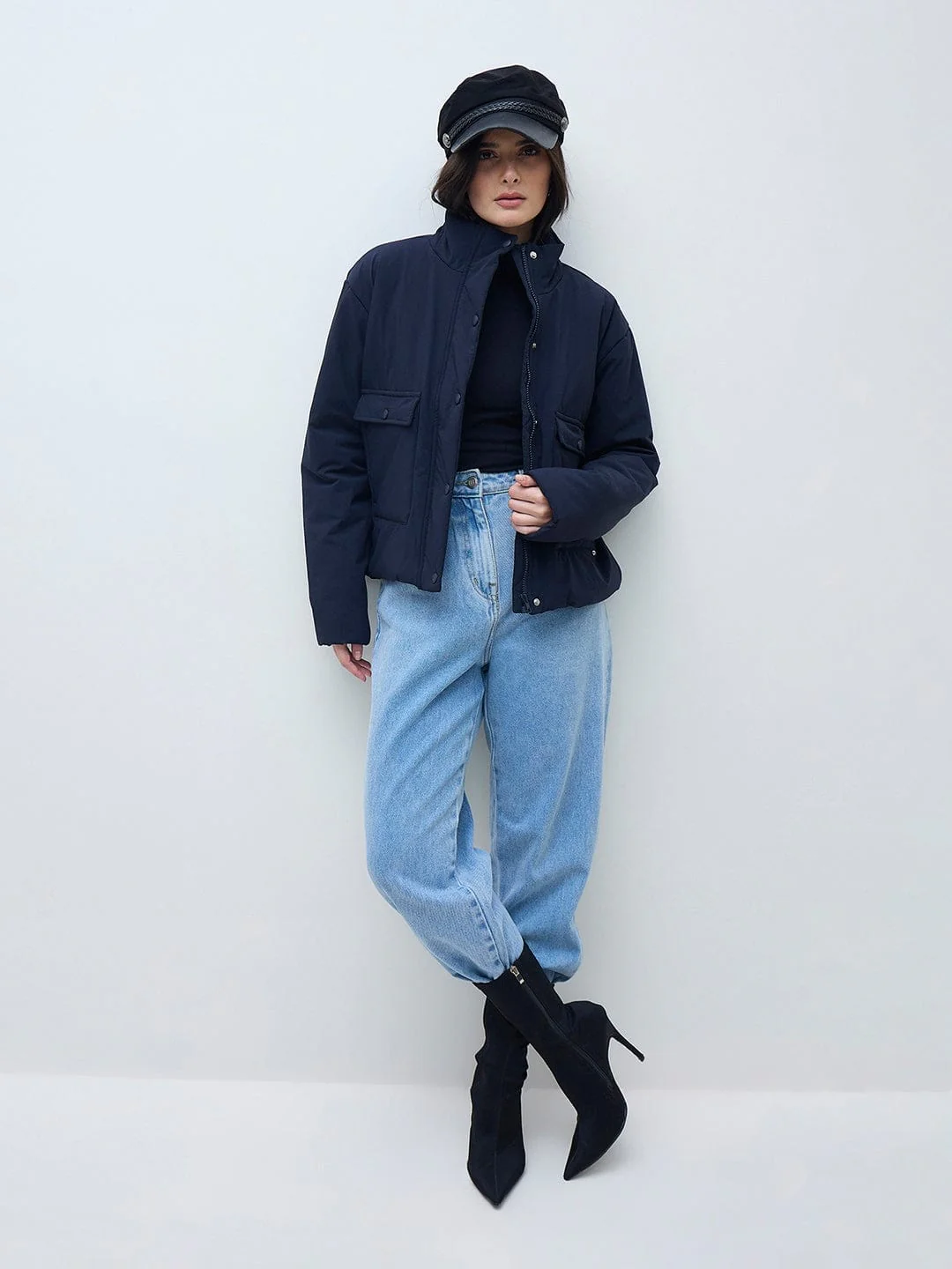 ELLE Women Navy Blue Solid Band Neck Jacket - Image 6
