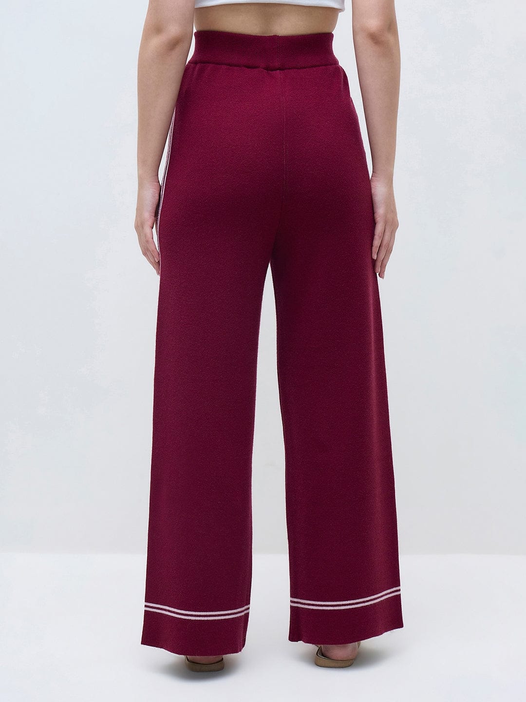ELLE Women Wine Blended Solid Flat Knitted Ribbed Sweatpant - Image 4