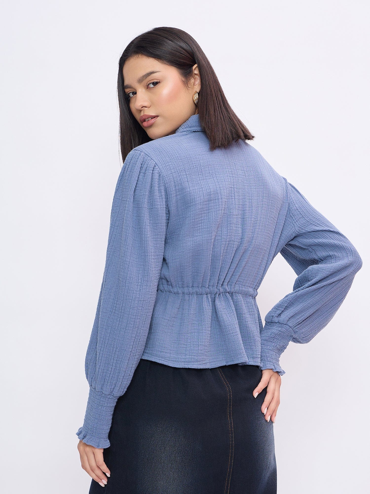 Elle Women Blue Solid Collar Shirt - Image 5