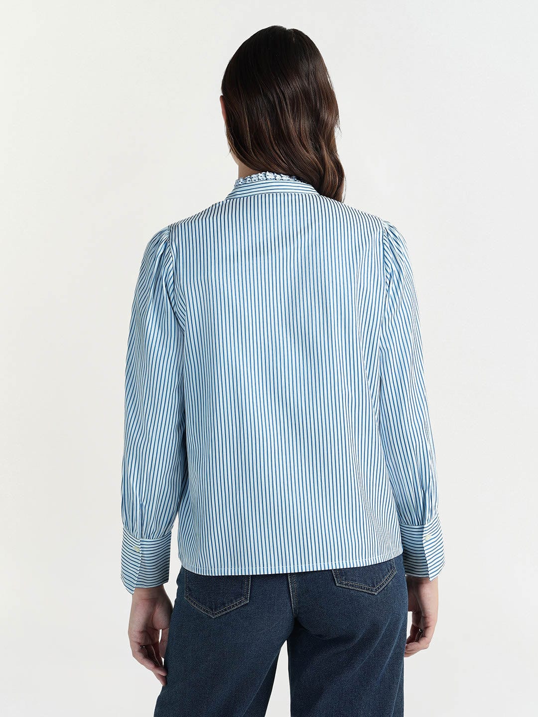 Elle Women White Striped Ruffle Neck Shirt - Image 3
