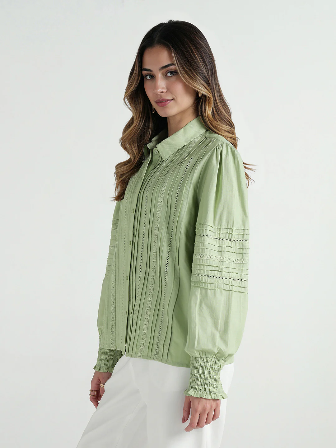 Elle Women Green Solid Collar Shirt - Image 3