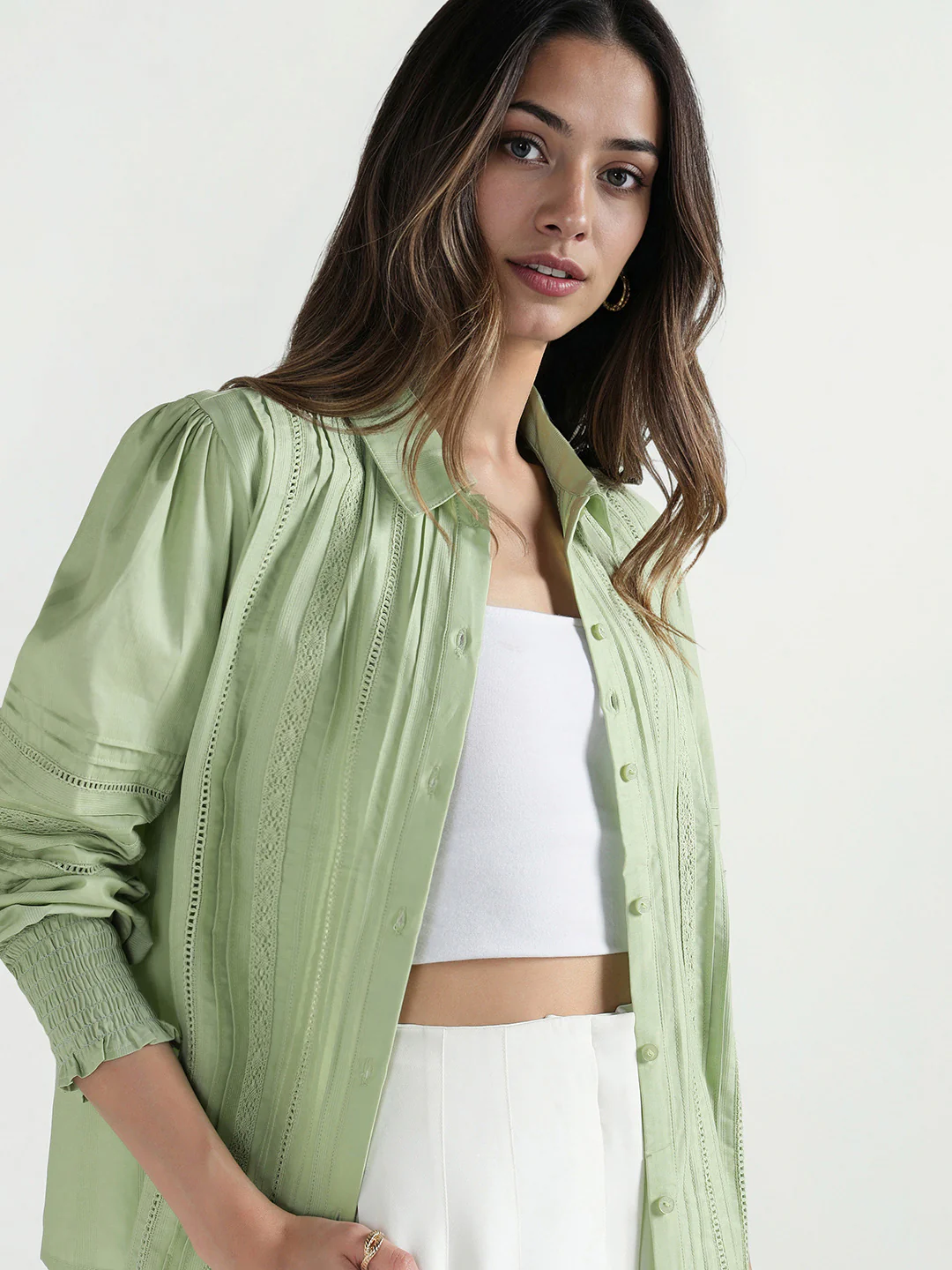 Elle Women Green Solid Collar Shirt - Image 5