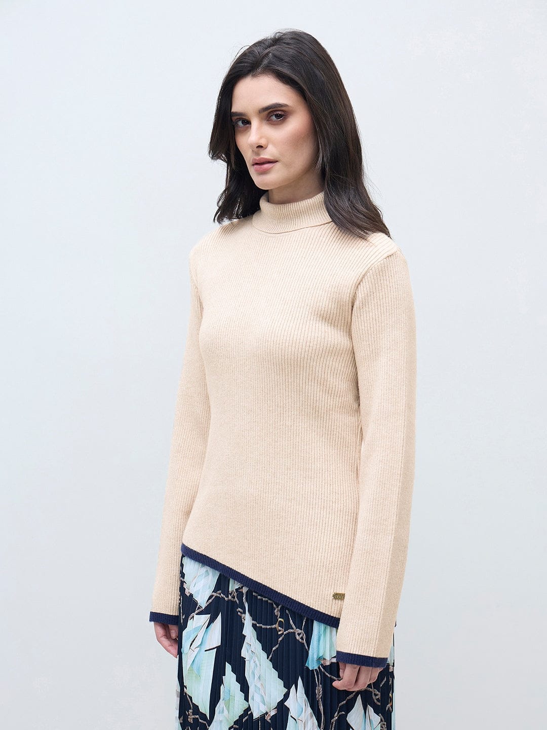 ELLE Women Beige Blended Solid High Neck Sweater - Image 3