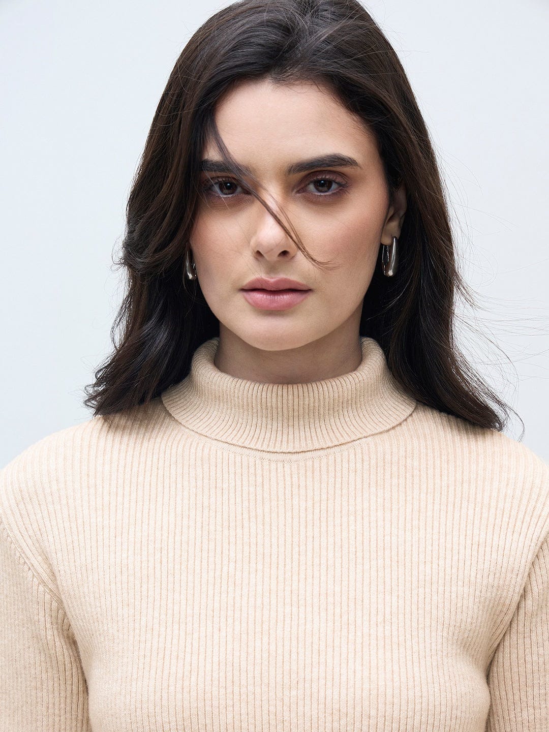 ELLE Women Beige Blended Solid High Neck Sweater - Image 4