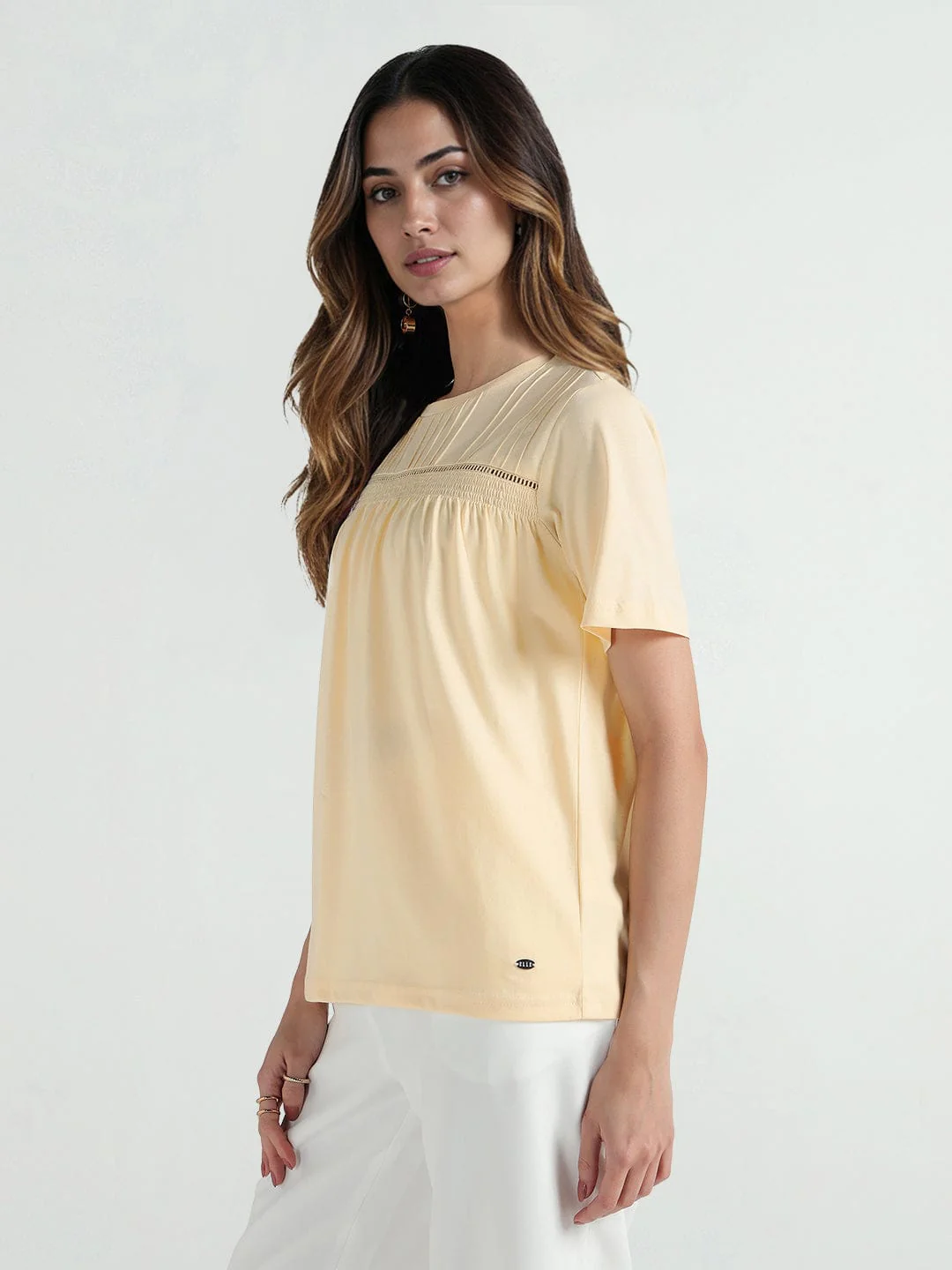 Elle Women Yellow Solid Round Neck Tshirt - Image 3