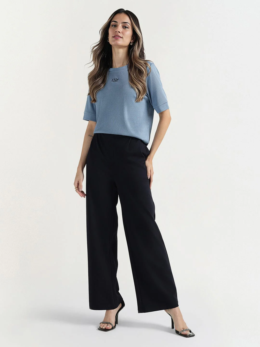 Elle Women Blue Textured Round Neck Tshirt - Image 2