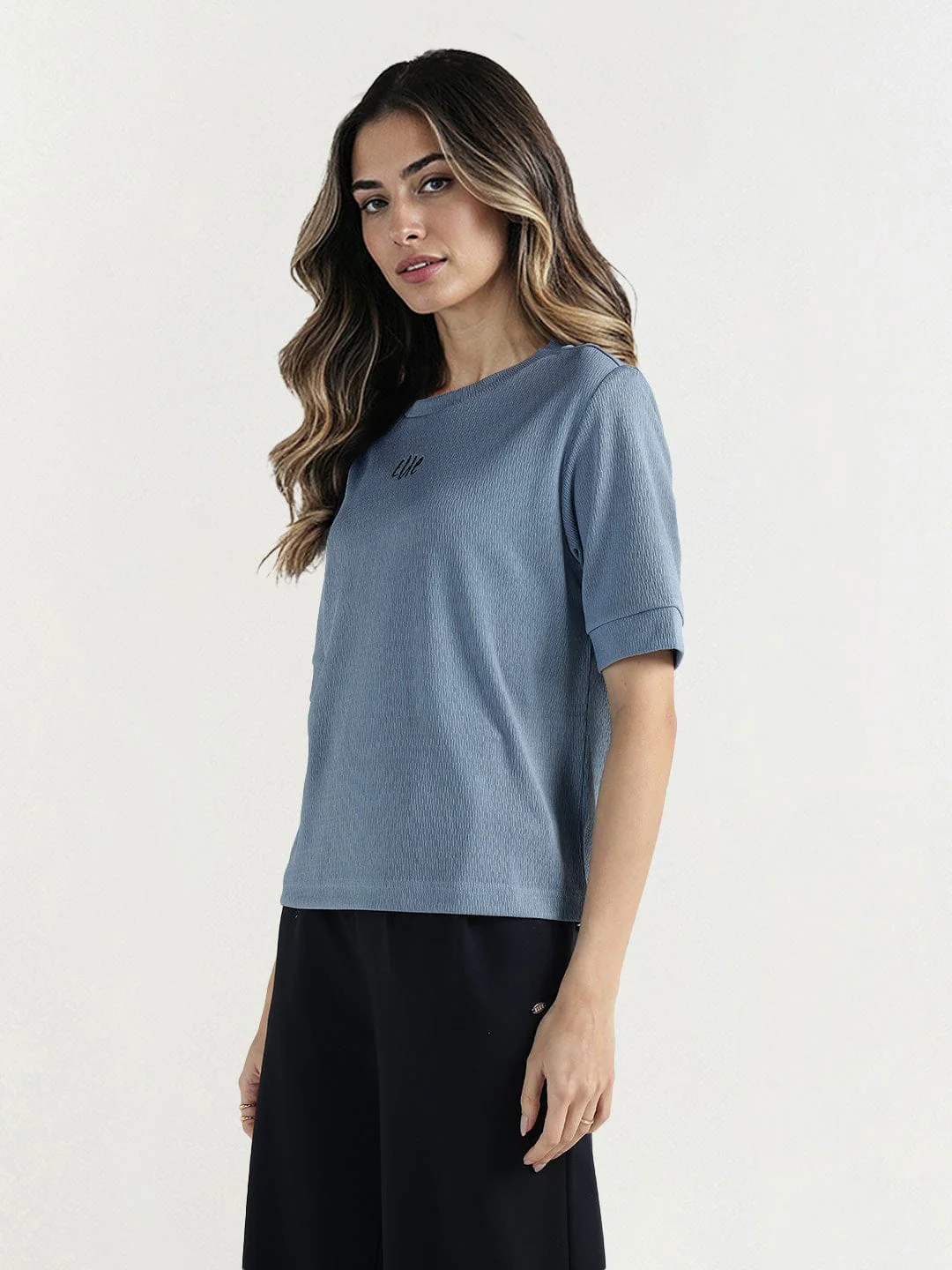 Elle Women Blue Textured Round Neck Tshirt - Image 5