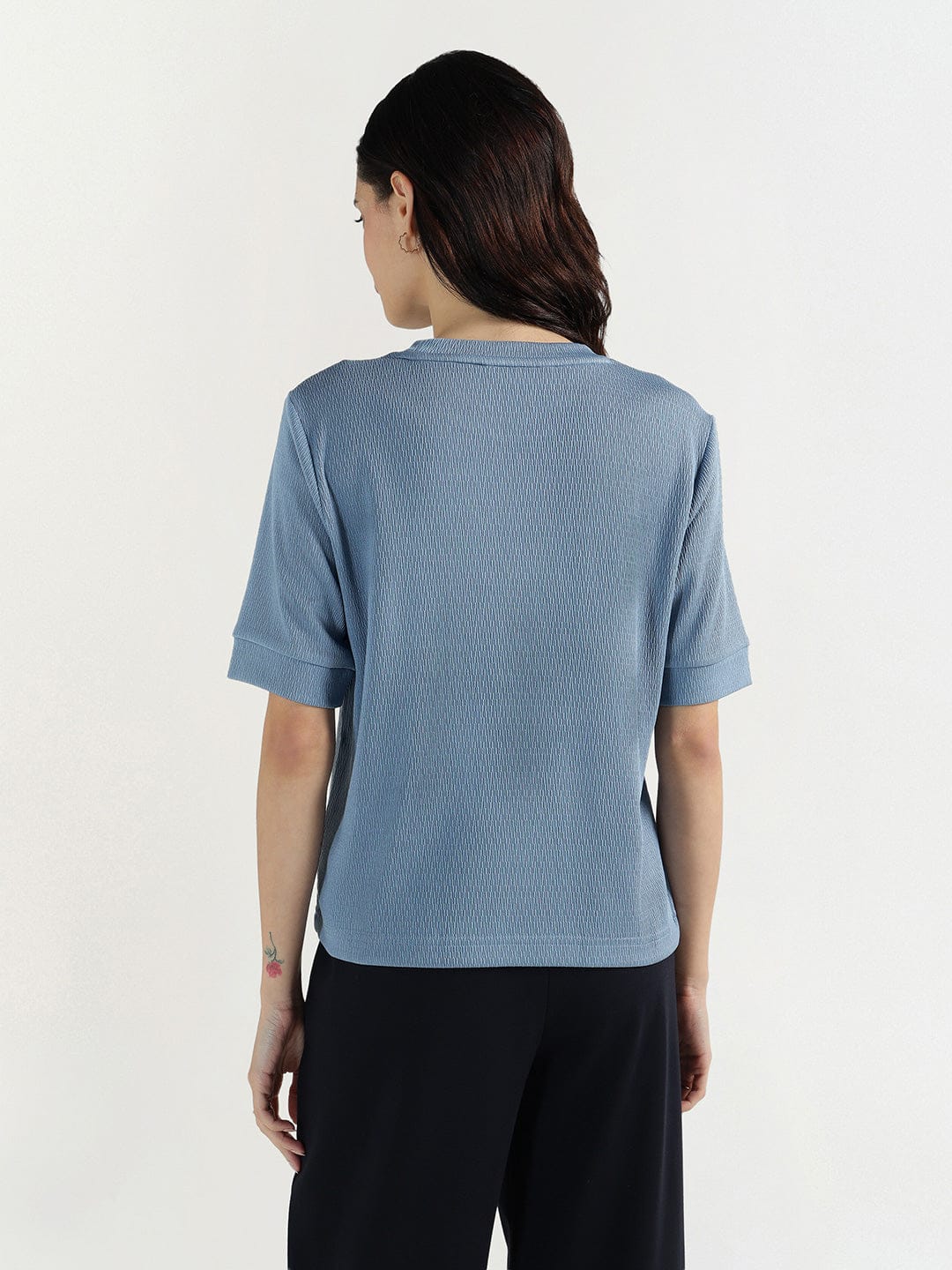 Elle Women Blue Textured Round Neck Tshirt - Image 6