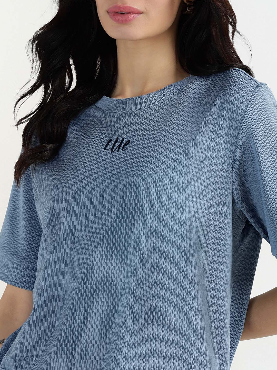 Elle Women Blue Textured Round Neck Tshirt - Image 7