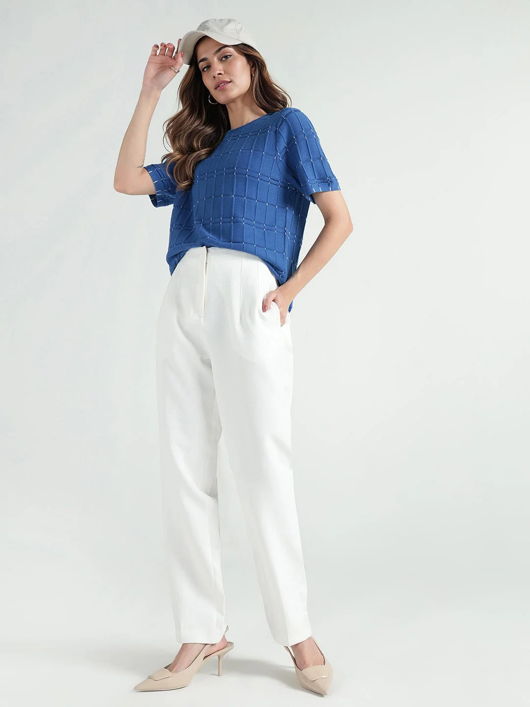 Elle Women Blue Textured Crew Neck Tshirt - Image 2