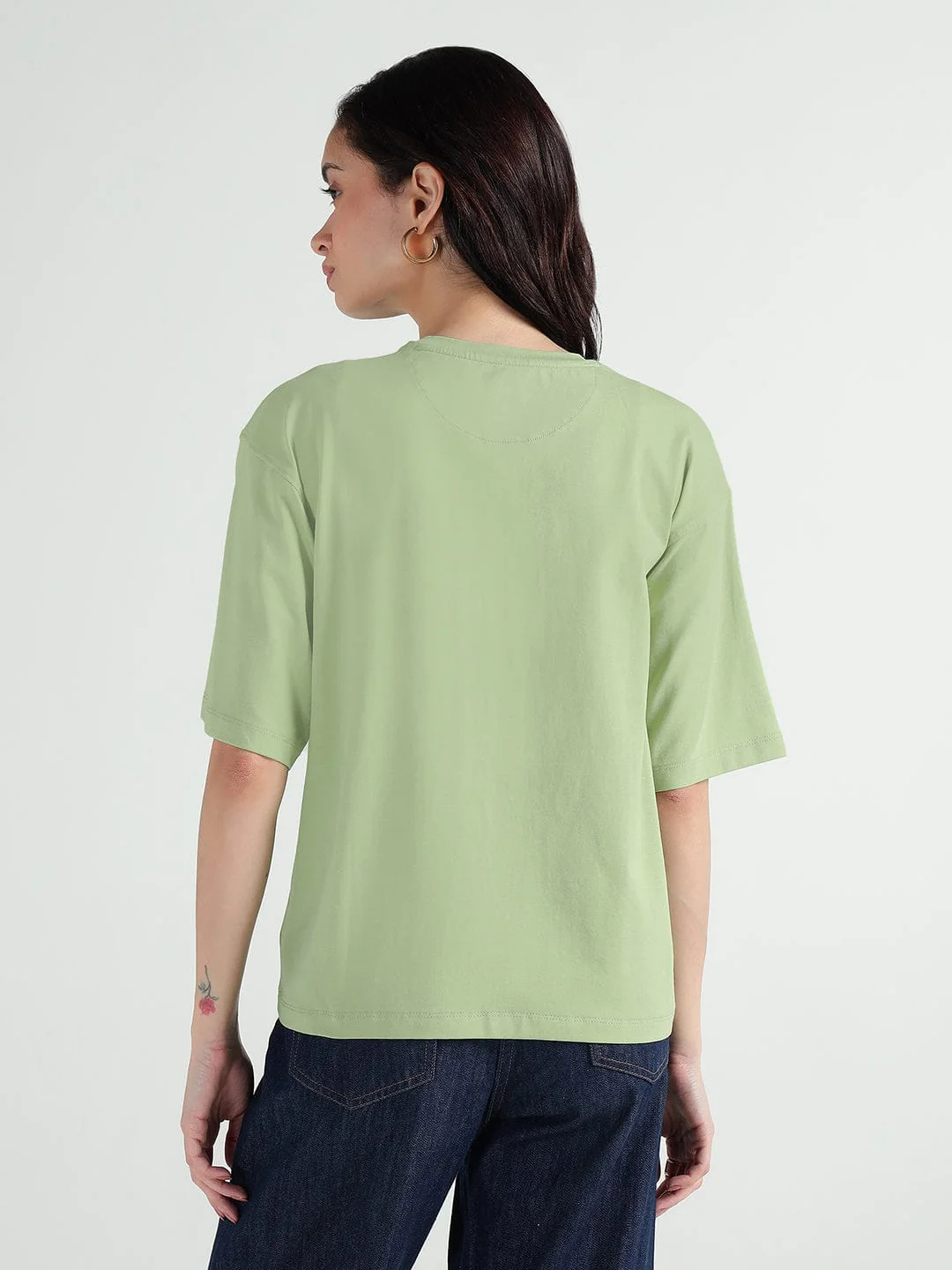 Elle Women Green Solid Round Neck Tshirt - Image 4