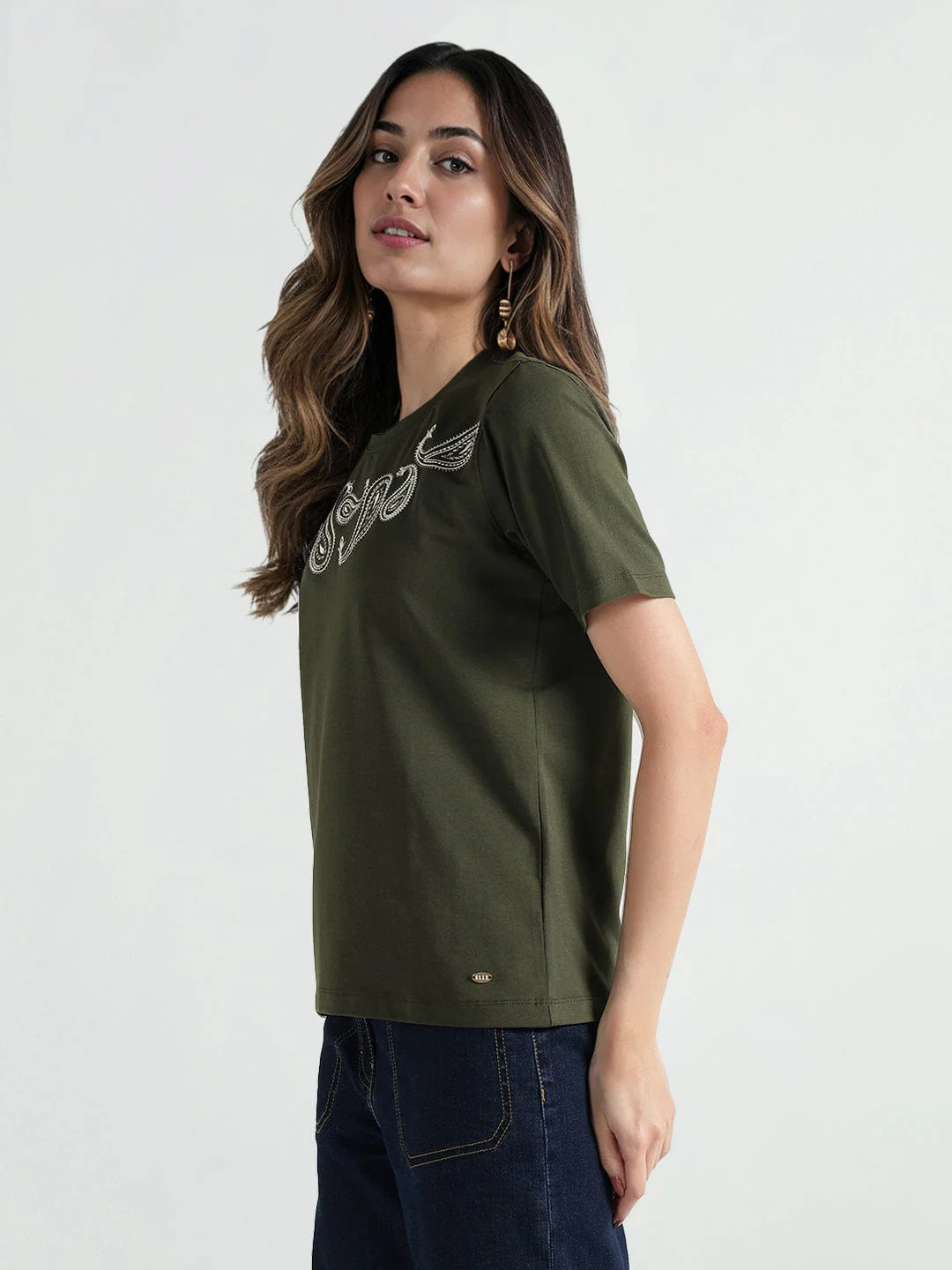 Elle Women Green Solid Round Neck Tshirt - Image 3