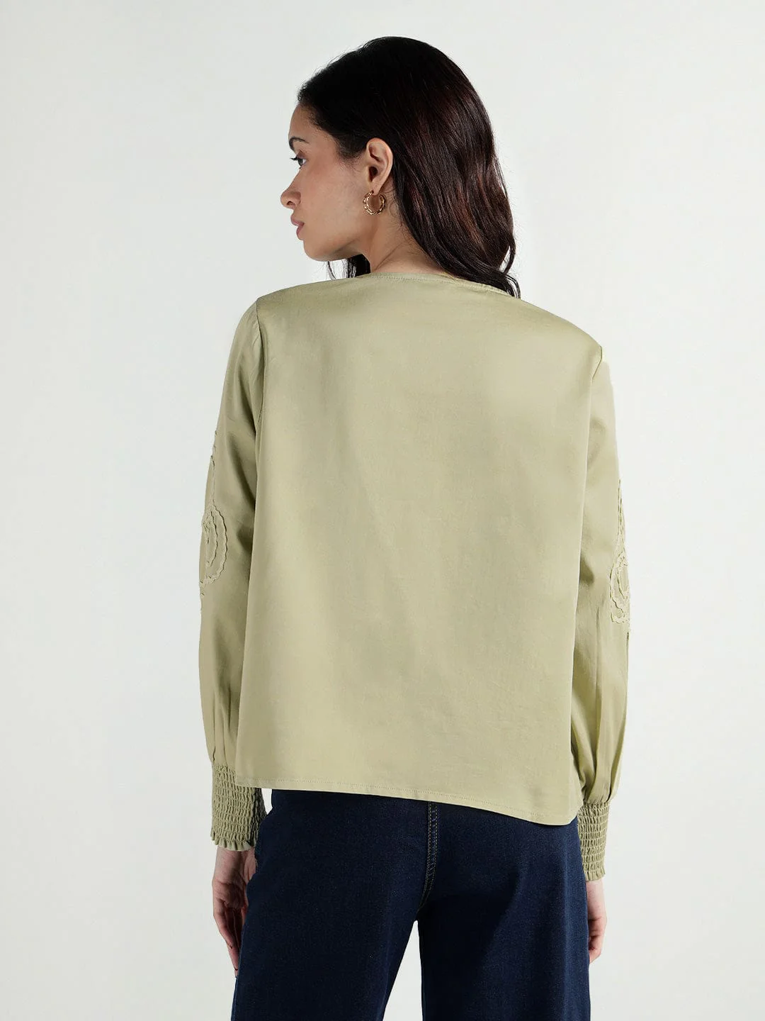 Elle Women Green Embroidered Band Collar Top - Image 4