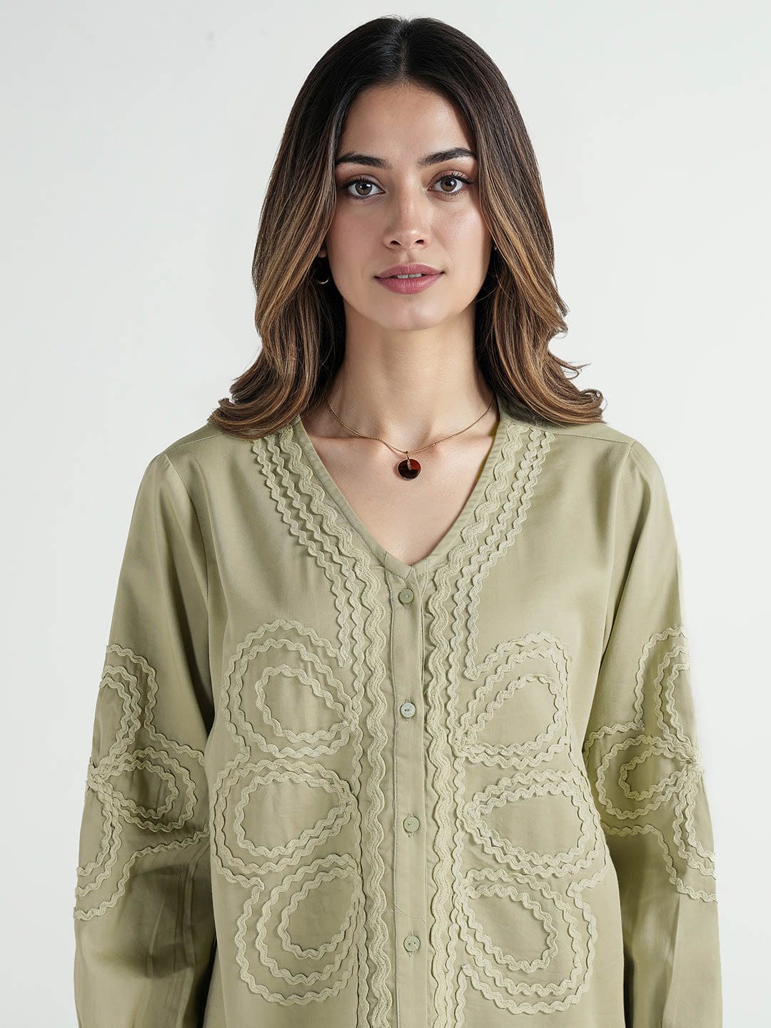 Elle Women Green Embroidered Band Collar Top - Image 5