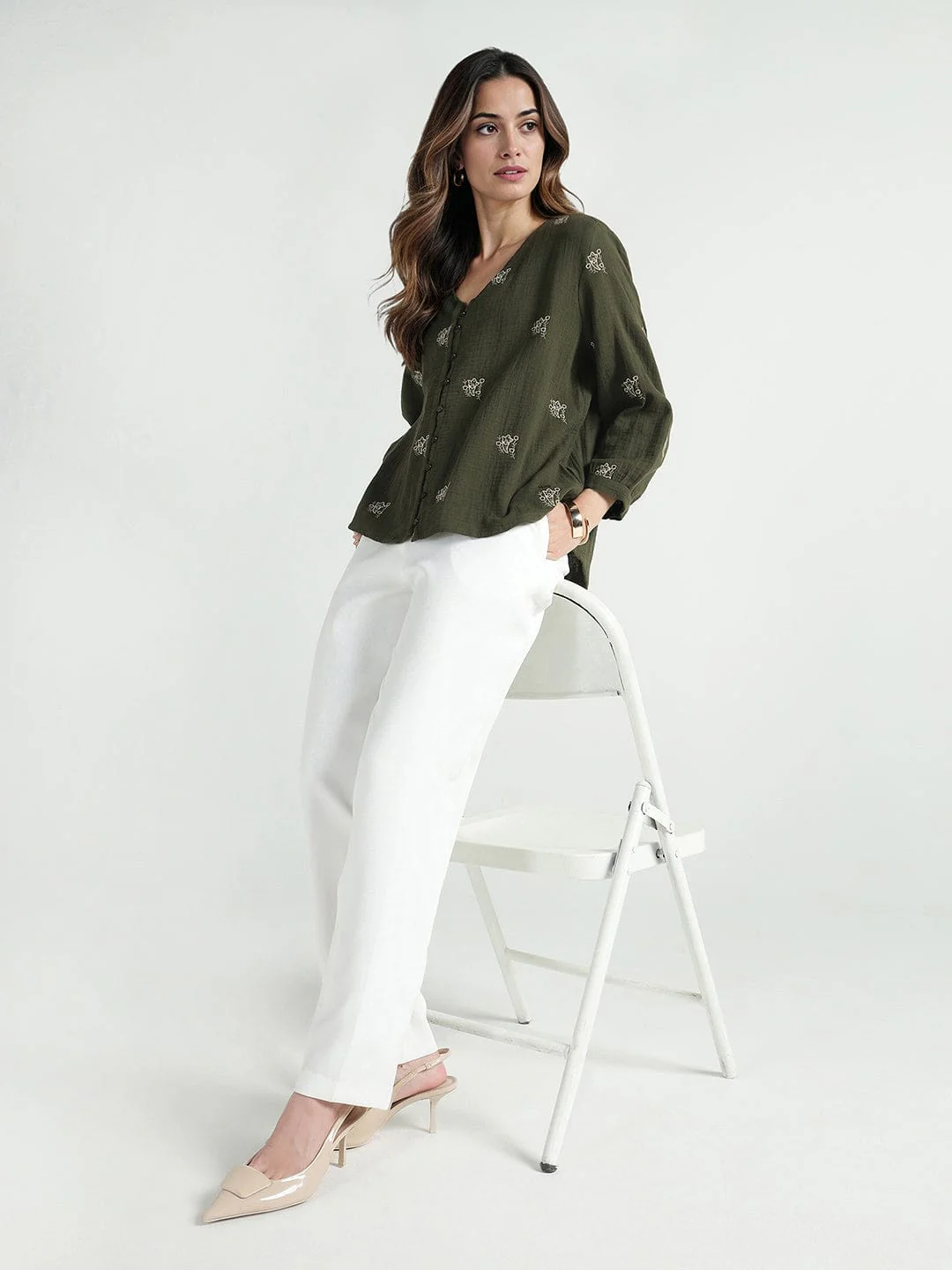 Elle Women Green Solid V Neck Top - Image 2