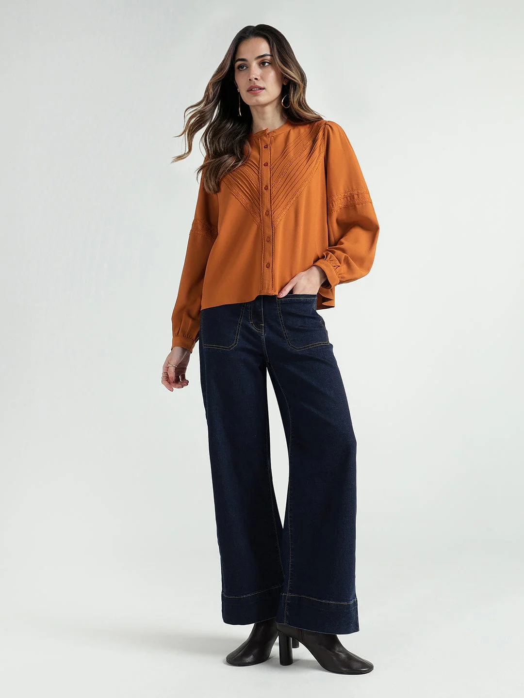 Elle Women Brown Lace Collar Top - Image 3