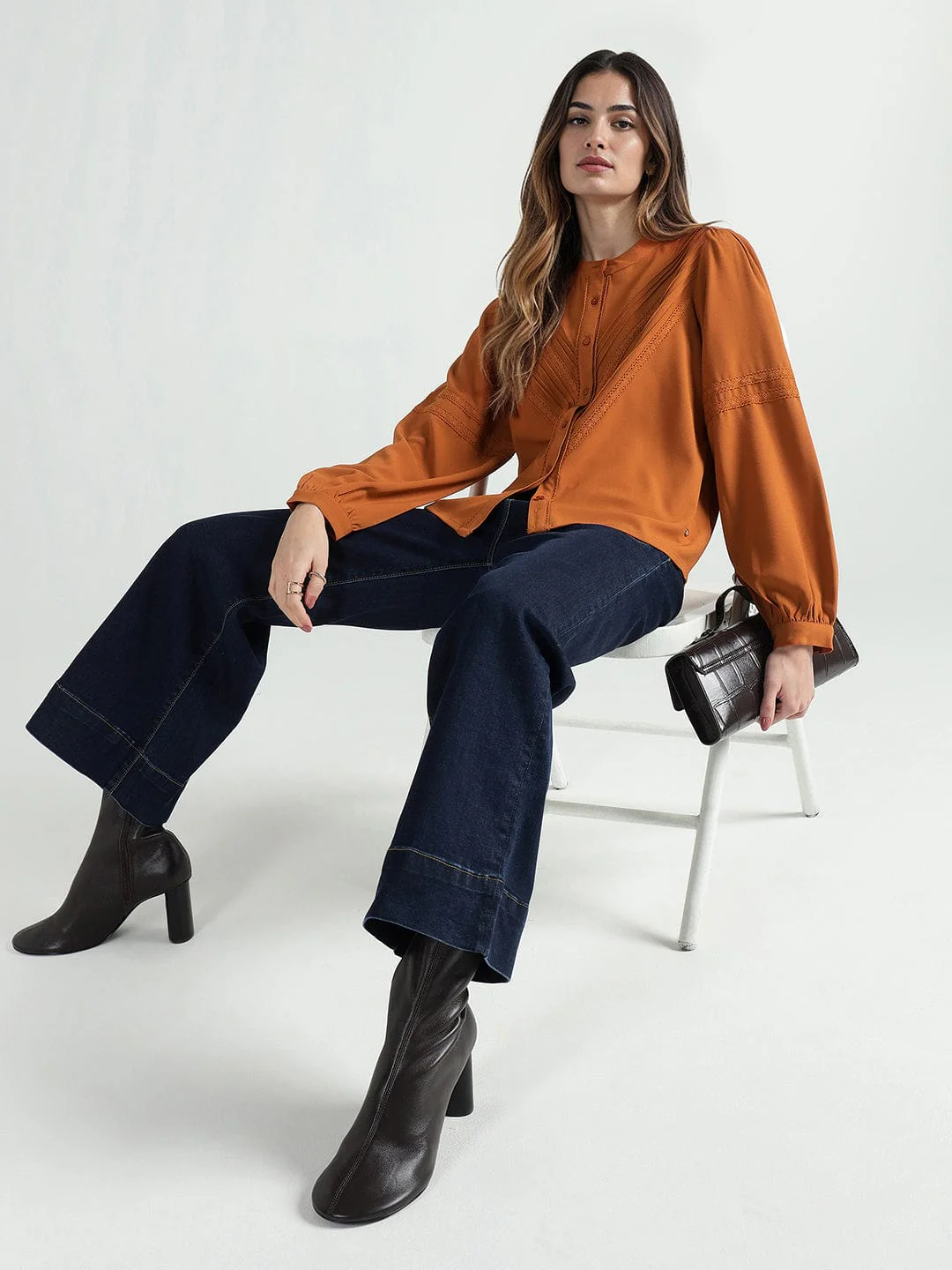 Elle Women Brown Lace Collar Top - Image 4