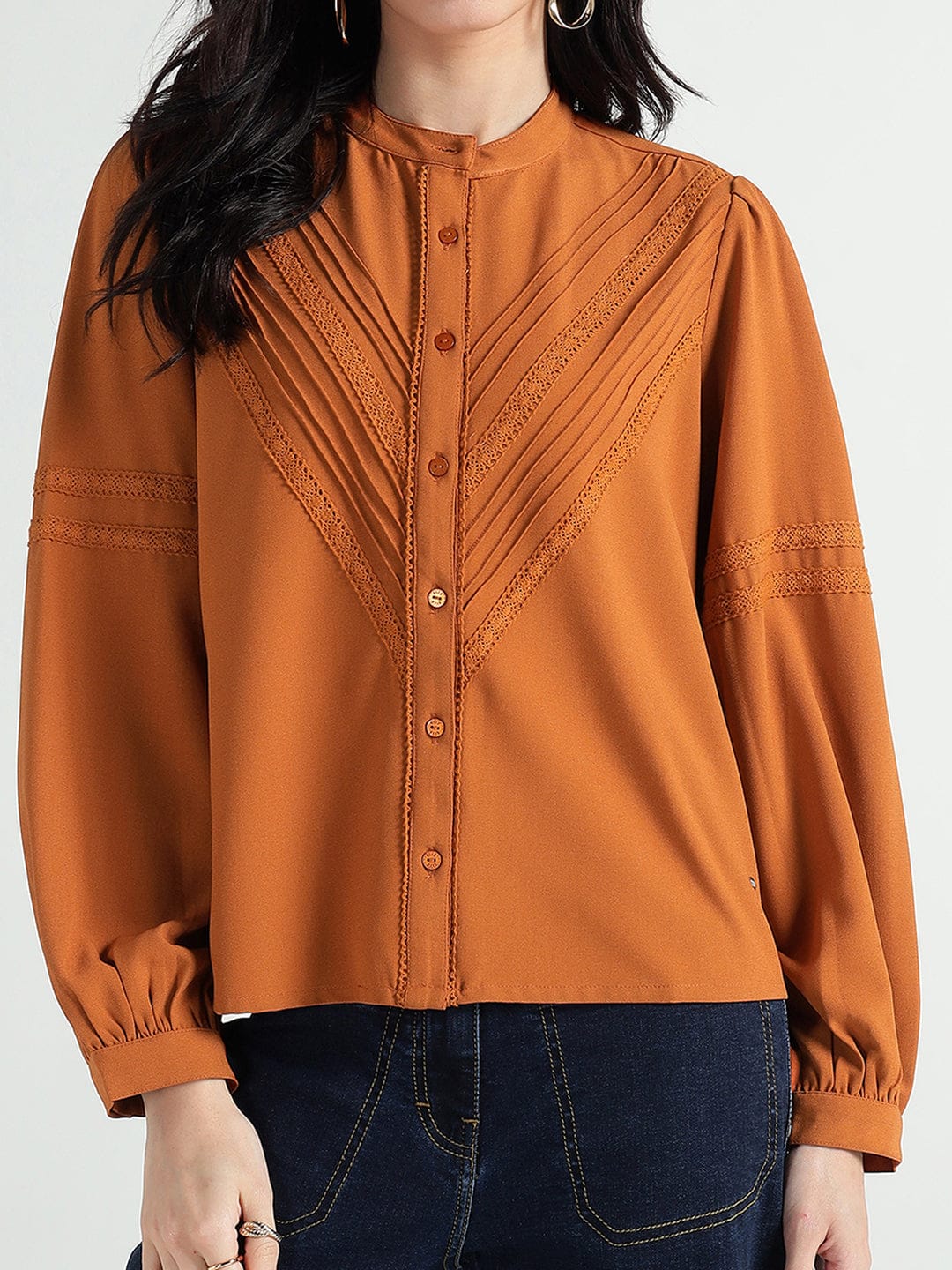 Elle Women Brown Lace Collar Top - Image 7