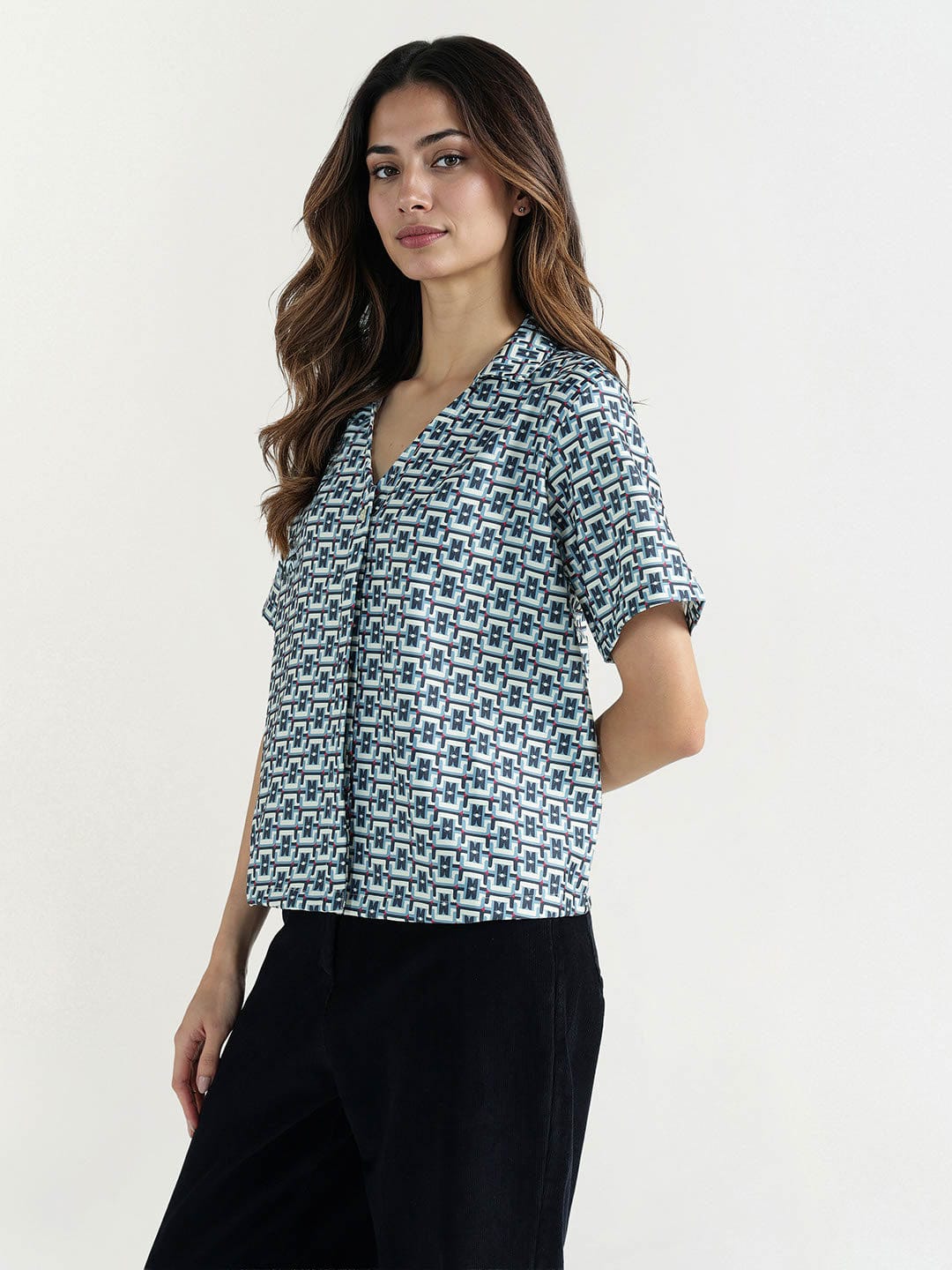 Elle Women Multi Geometric Print Collar Top - Image 3