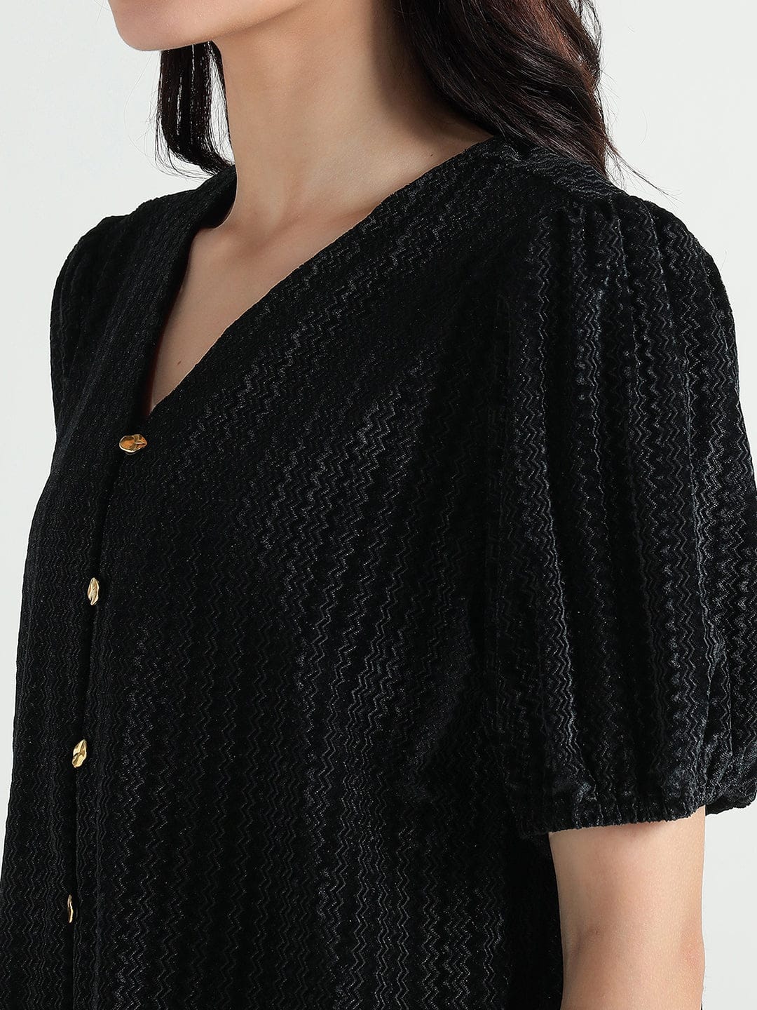 Elle Women Black Textured V Neck Top - Image 6