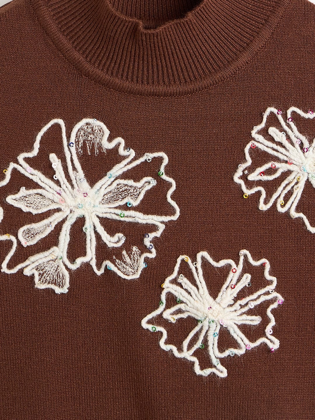 Elle Girls Regular Fit Brown Embroidered Sweater - Image 3