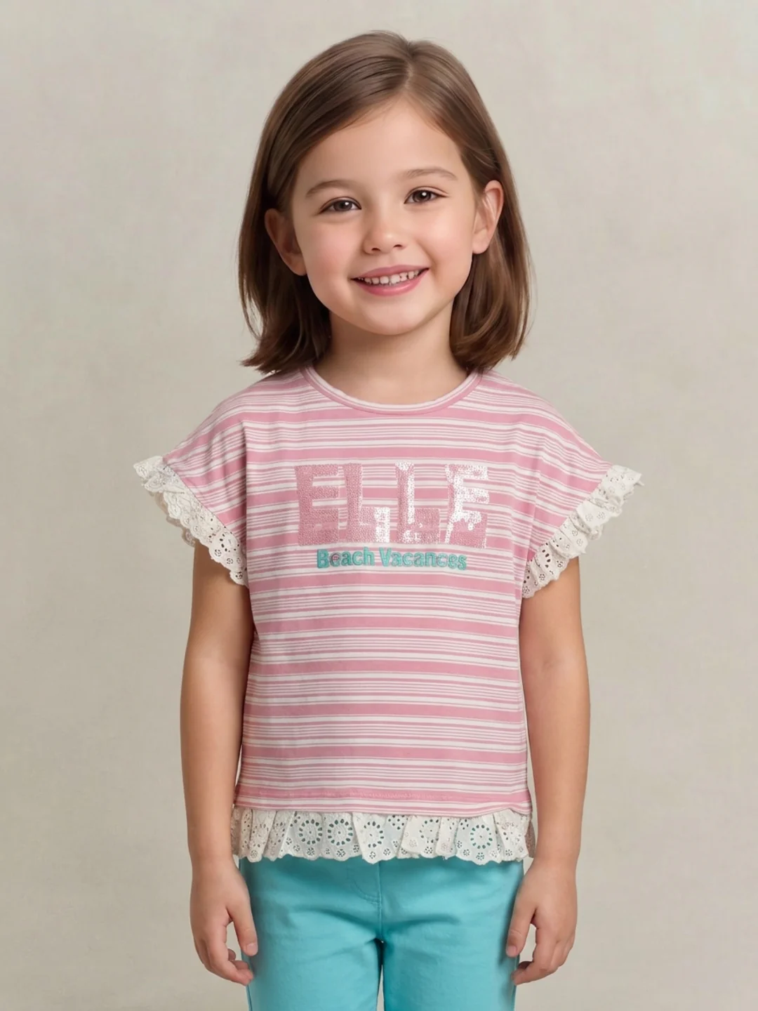 Elle Girls Pink Striped Regular Fit Pure Cotton T-Shirt - Image 2