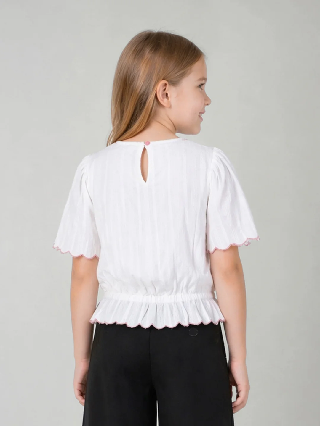 Elle Girls White Solid Blouson Pure Cotton Top - Image 3