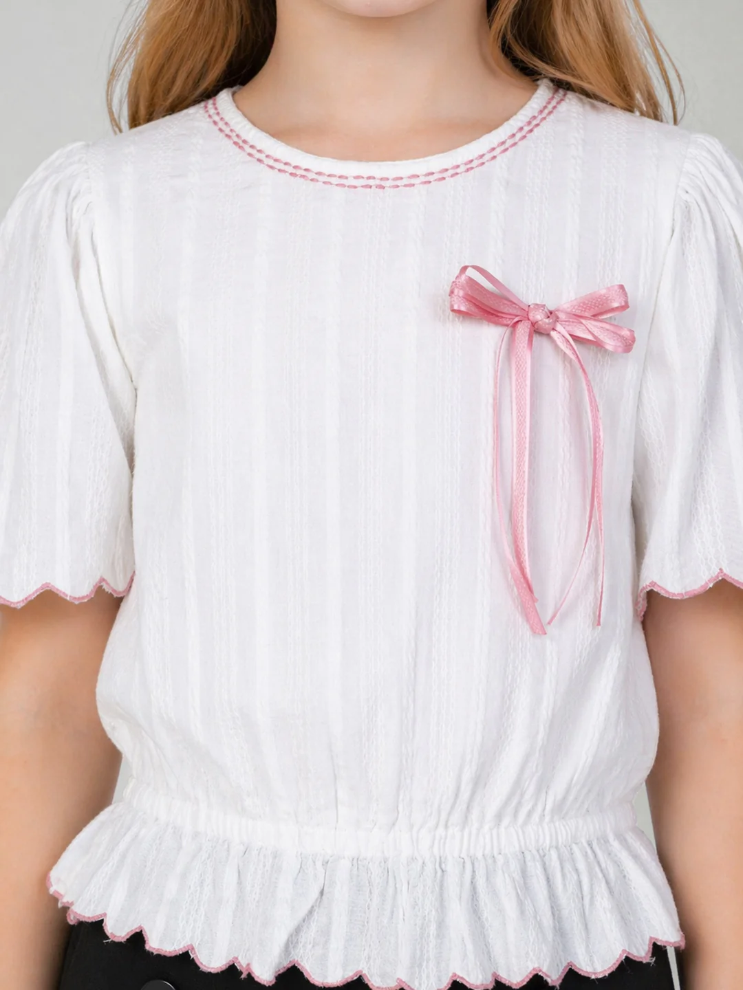 Elle Girls White Solid Blouson Pure Cotton Top - Image 4