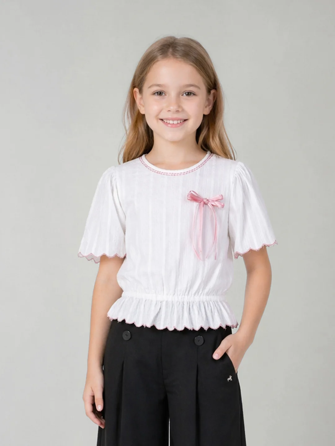 Elle Girls White Solid Blouson Pure Cotton Top - Image 5