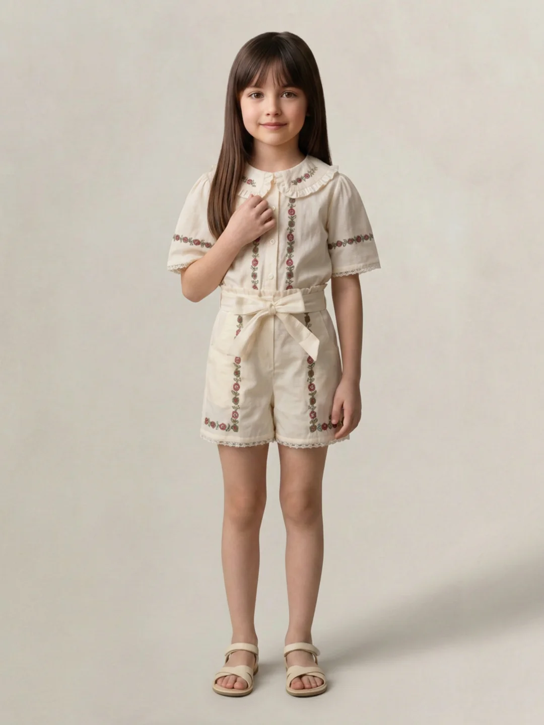 Elle Girls Cream Embroidered Regular Fit Pure Cotton Shorts - Image 5