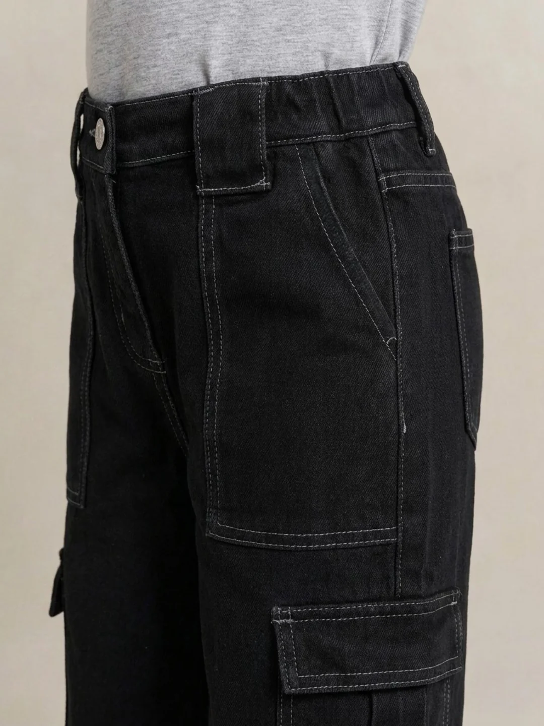 Elle Girls Black Solid Stretchable Cargo Fit Jeans - Image 4