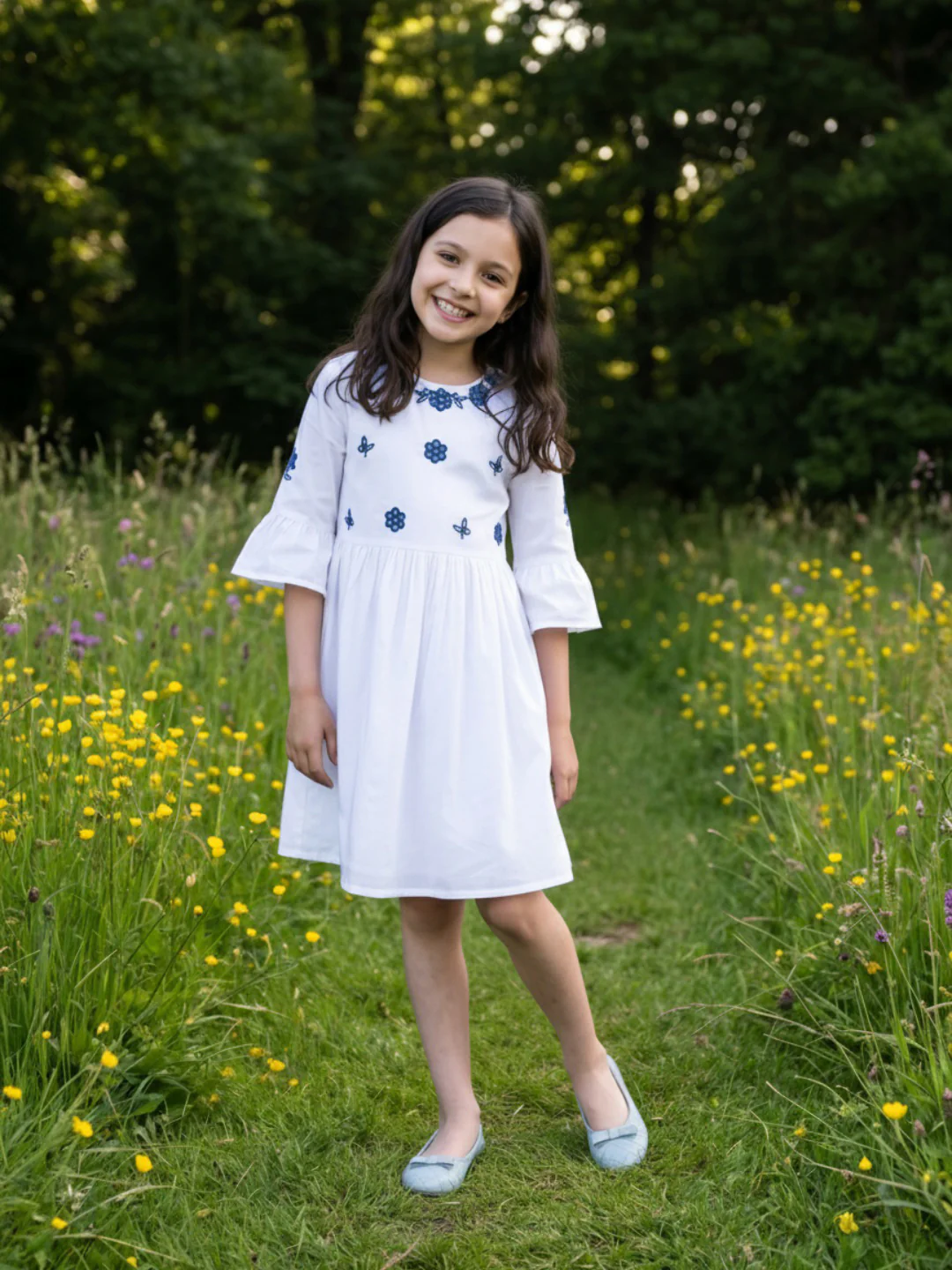 Elle White Cotton Solid Girls Dress