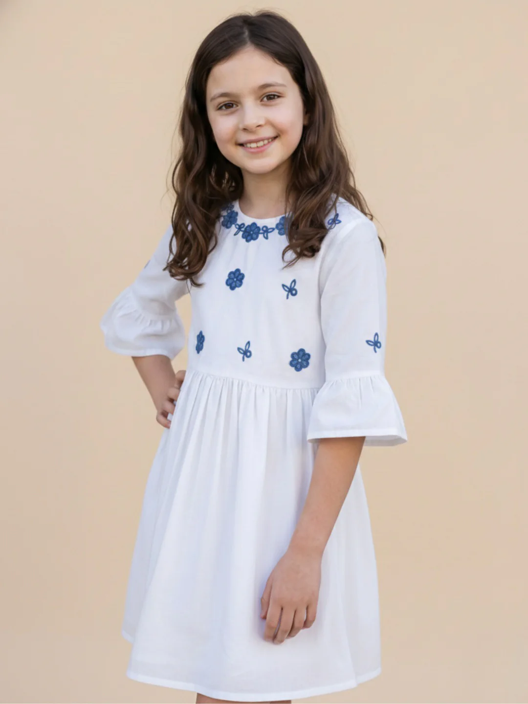 Elle White Cotton Solid Girls Dress - Image 2
