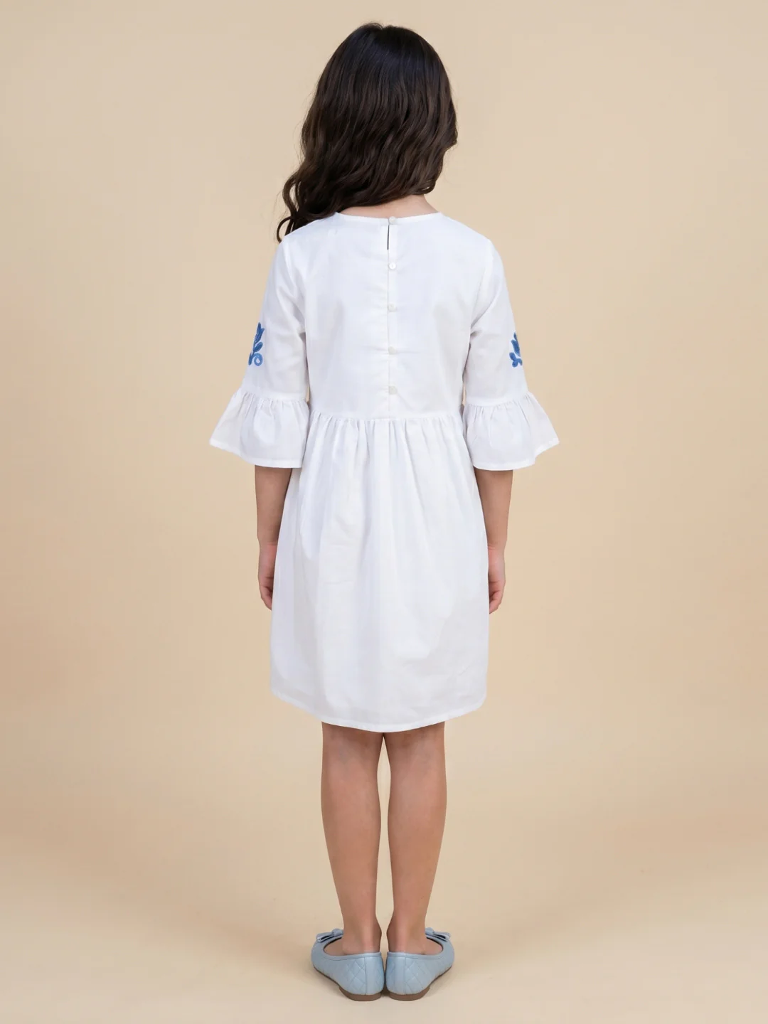 Elle White Cotton Solid Girls Dress - Image 3