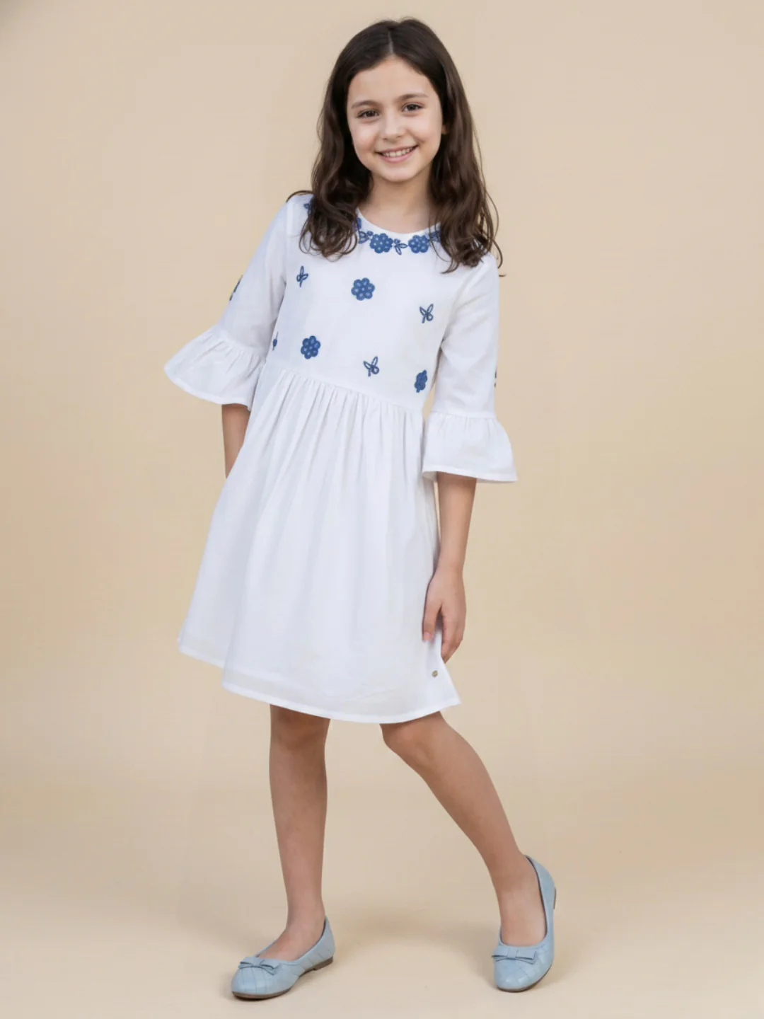 Elle White Cotton Solid Girls Dress - Image 5