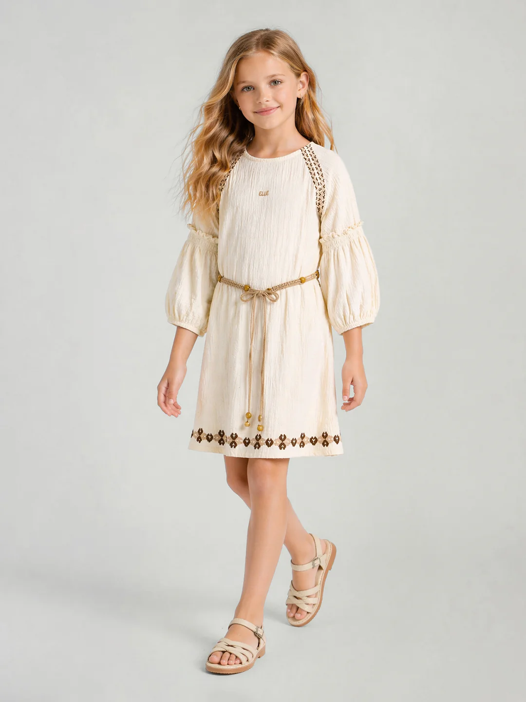 Elle Girls Cream Solid Flared Dress - Image 5