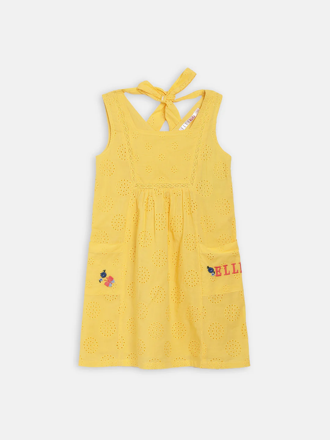 Elle Kids Girls Yellow Self - Design Round Neck Dress - Image 3