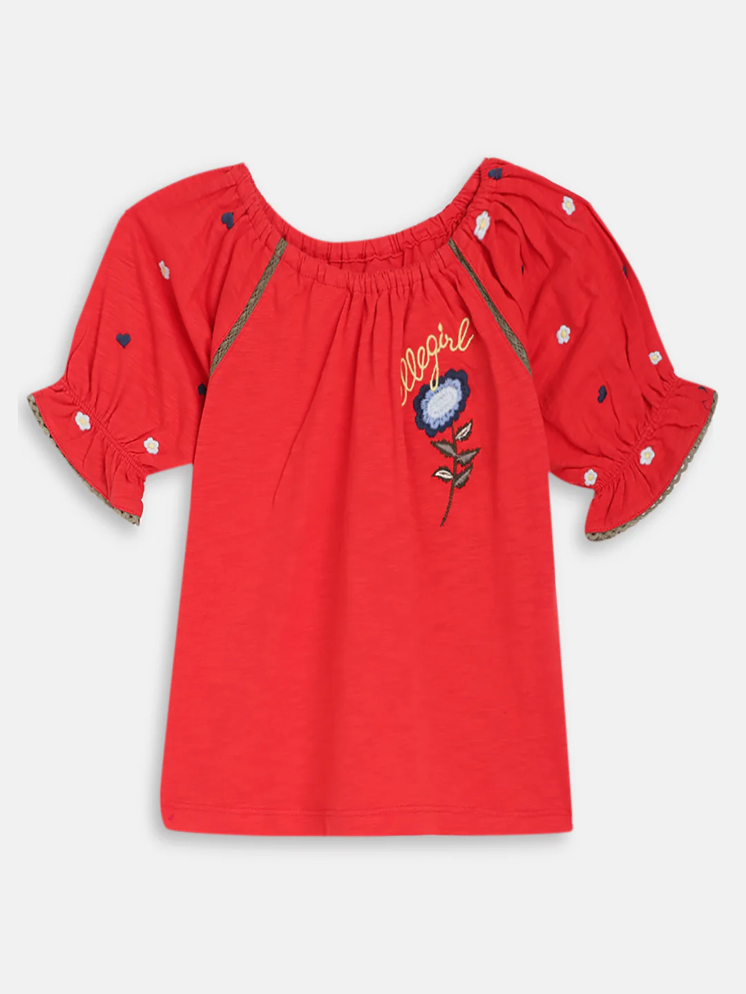 Elle Kids Girls Red Embroidered Round Neck Top - Image 3